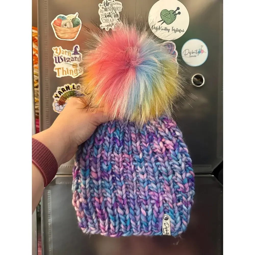 Hand Knit Merino Wool Beanie: DefiKnitly Tasteful Knit Hat with Faux Fur Pom